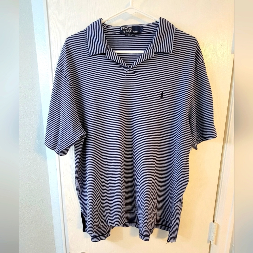 🏇🏇POLO by Ralph Lauren 100%Pima Cotton Mens XL Premium Blue/White Striped Polo